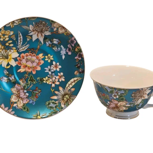 Peipocron British Floral Coffee/Tea Cup and Saucer Set With Gold Trim - 7 fl oz - Picture 4 of 9